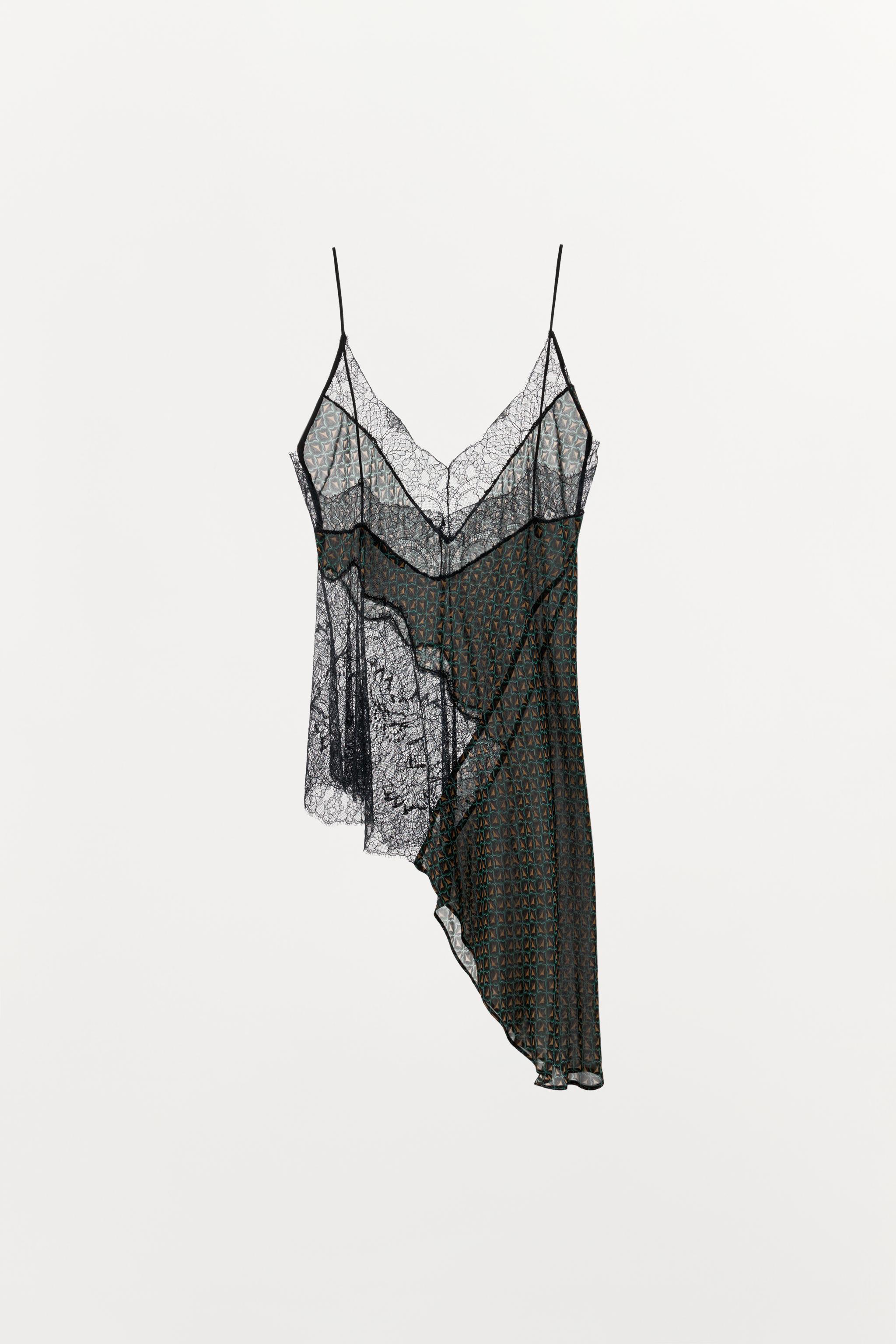 PRINTED 100% VISCOSE ASYMMETRIC LACE TOP